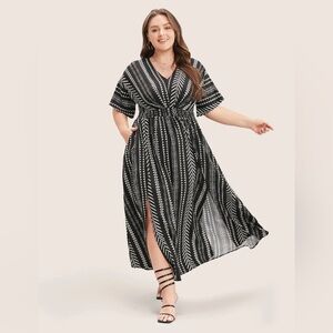 Solid Geometric Dolman Sleeve Pocket Shirred Split Hem Dress